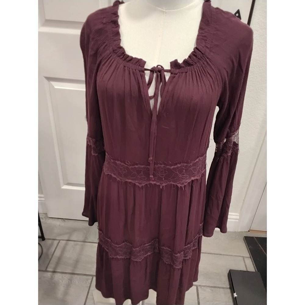Socialite Womens XS Plum Burgundy‎ Boho Lace Tiered Bell Sleeve Peasant Dress
